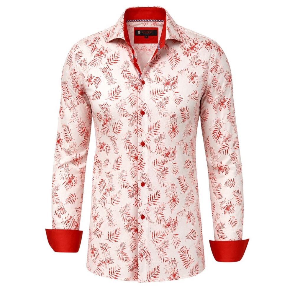 AXXESS Men's XL Pure Cotton Tropical Leaf Button-Up Dress Shirt Turned-Up Cuff